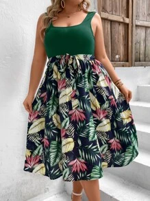 SHEIN VCAY Plus Tropical Print Belted Dress - Dark Green - View 3