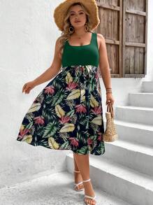SHEIN VCAY Plus Tropical Print Belted Dress - Dark Green - View 4