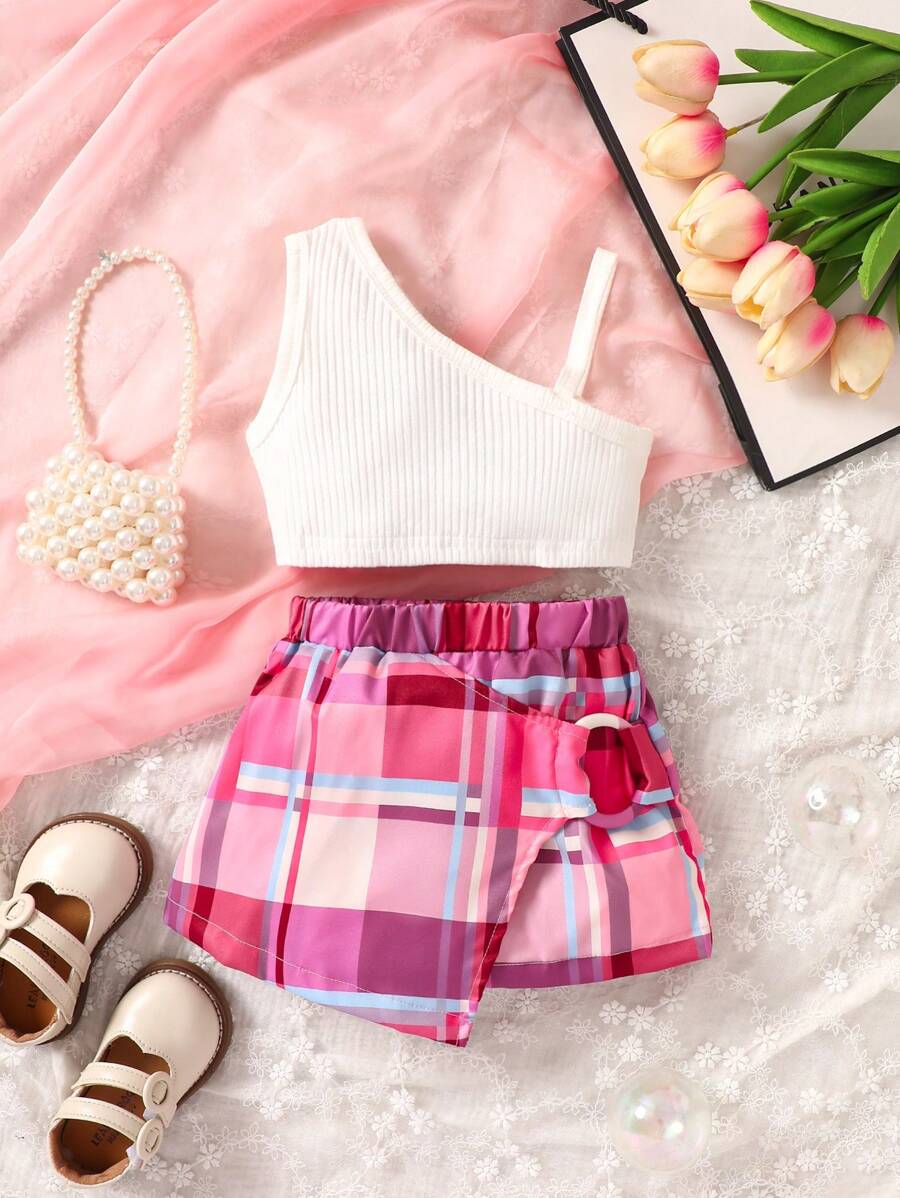 嬰兒不對稱領短款上衣和格紋印花金屬圓環半身裙