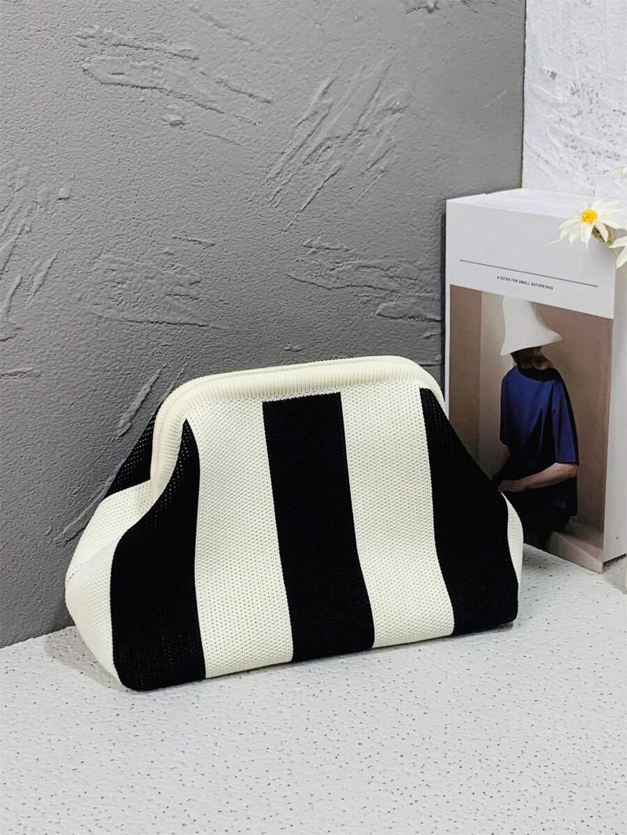 CALINNL Clutch Wristlet Bag For Women, Geometric Striped Crochet Make Up Pouch For Shopping, Travel, Dorm - Black and White - View 1
