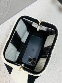 CALINNL Clutch Wristlet Bag For Women, Geometric Striped Crochet Make Up Pouch For Shopping, Travel, Dorm - Black and White - View 3