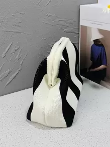 CALINNL Clutch Wristlet Bag For Women, Geometric Striped Crochet Make Up Pouch For Shopping, Travel, Dorm - Black and White - View 4