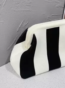 CALINNL Clutch Wristlet Bag For Women, Geometric Striped Crochet Make Up Pouch For Shopping, Travel, Dorm - Black and White - View 5