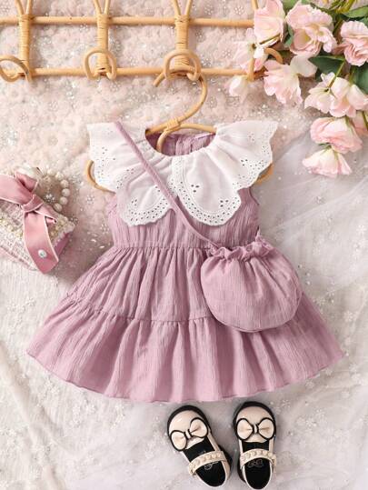 SHEIN Baby Contrast Eyelet Embroidery Ruffle Trim Dress