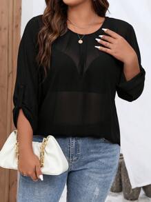 SHEIN LUNE 大碼捲邊袖雪紡襯衫不附文胸 - 黑色 - 查看 3