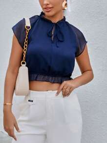 SHEIN LUNE 繫帶領插肩袖荷葉邊短款襯衫 - 藏蓝色 - 查看 1