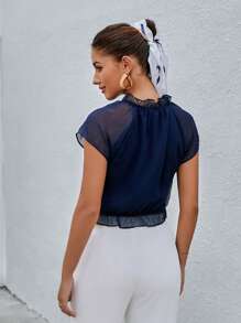 SHEIN LUNE 繫帶領插肩袖荷葉邊短款襯衫 - 藏蓝色 - 查看 2