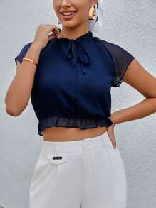 SHEIN LUNE 繫帶領插肩袖荷葉邊短款襯衫 - 藏蓝色 - 查看 3