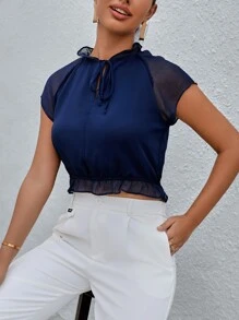 SHEIN LUNE 繫帶領插肩袖荷葉邊短款襯衫 - 藏蓝色 - 查看 7