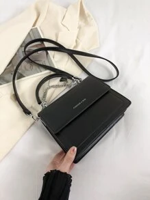 Letter Graphic Square Bag Metal & Chain Decor Top Handle Flap Black PU - Black - View 2