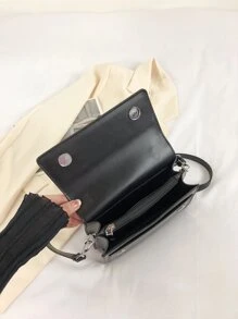 Letter Graphic Square Bag Metal & Chain Decor Top Handle Flap Black PU - Black - View 4