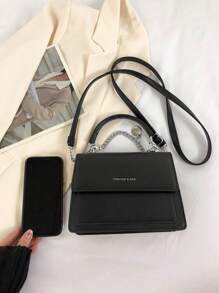Letter Graphic Square Bag Metal & Chain Decor Top Handle Flap Black PU - Black - View 5
