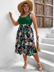 SHEIN VCAY Plus Tropical Print Belted Dress - Dark Green - View 6