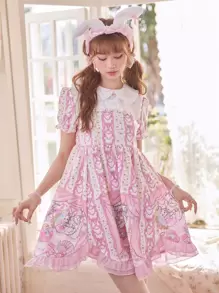 ROMWE Kawaii 卡通圖案泡泡袖荷葉邊洋裝 - 粉色 - 查看 1