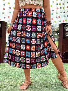 SHEIN Holidaya Falda con estampado de talle alto - Multicolor - Ver 5