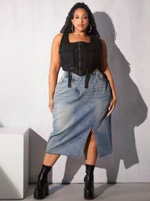 SHEIN CURVE+ Plus Split Hem Denim Skirt - Light Wash - View 2