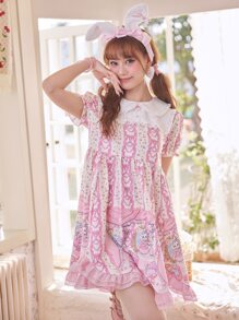 ROMWE Kawaii 卡通圖案泡泡袖荷葉邊洋裝 - 粉色 - 查看 5