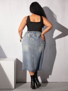 SHEIN CURVE+ Plus Split Hem Denim Skirt - Light Wash - View 3