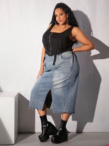 SHEIN CURVE+ Plus Split Hem Denim Skirt - Light Wash - View 4