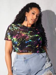 SHEIN CURVE+ Plus Splash Ink Print Mesh Crop Top - Multicolor - View 4