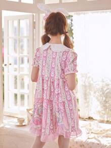 ROMWE Kawaii 卡通圖案泡泡袖荷葉邊洋裝 - 粉色 - 查看 6