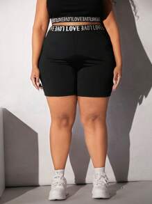 SHEIN CURVE+ Plus Letter Tape Cycling Shorts - Black - View 5