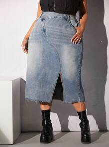 SHEIN CURVE+ Plus Split Hem Denim Skirt - Light Wash - View 1