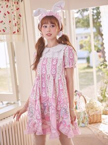 ROMWE Kawaii 卡通圖案泡泡袖荷葉邊洋裝 - 粉色 - 查看 4