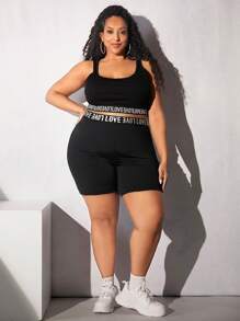 SHEIN CURVE+ Plus Letter Tape Cycling Shorts - Black - View 1