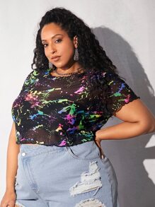 SHEIN CURVE+ Plus Splash Ink Print Mesh Crop Top - Multicolor - View 6