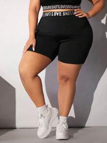 SHEIN CURVE+ Plus Letter Tape Cycling Shorts - Black - View 6