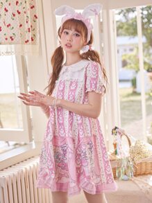 ROMWE Kawaii 卡通圖案泡泡袖荷葉邊洋裝 - 粉色 - 查看 3