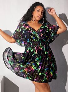 SHEIN CURVE+ Đầm Plus Size Trọn gói Dải chun Tất cả trên in Giải trí - Nhiều màu - Xem 1