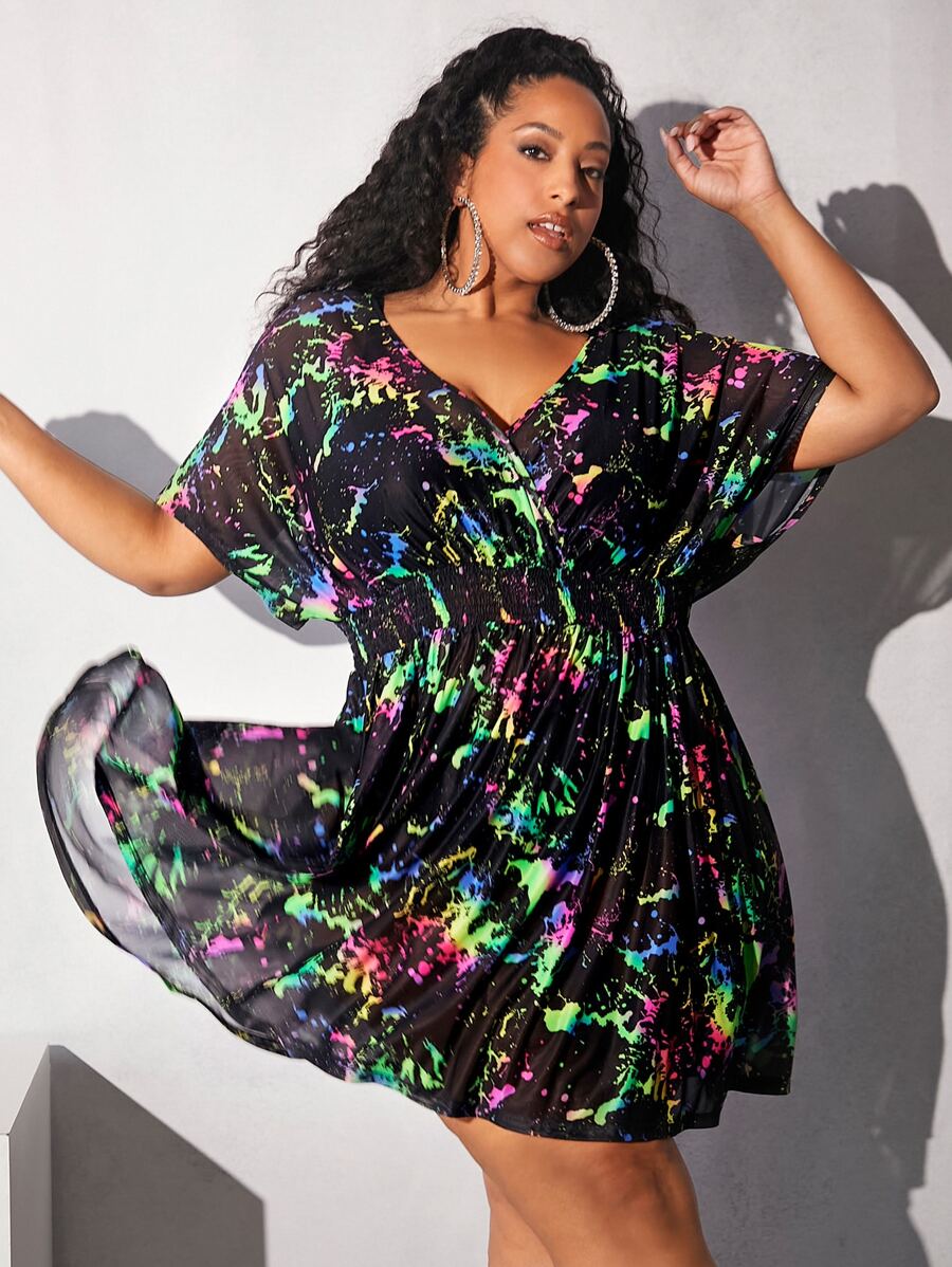 SHEIN CURVE+ Đầm Plus Size Trọn gói Dải chun Tất cả trên in Giải trí - Nhiều màu - Xem 1