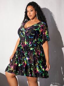 SHEIN CURVE+ Đầm Plus Size Trọn gói Dải chun Tất cả trên in Giải trí - Nhiều màu - Xem 6