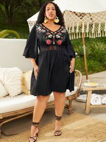 SHEIN CURVE+ Đầm Plus Size Tương phản ren Thêu Hoa Boho - màu đen - Xem 2