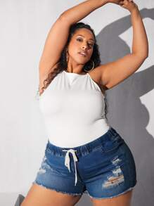 SHEIN CURVE+ Plus Drawstring Waist Ripped Raw Cut Denim Shorts - Dark Wash - View 2