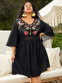 SHEIN CURVE+ Đầm Plus Size Tương phản ren Thêu Hoa Boho - màu đen - Xem 3