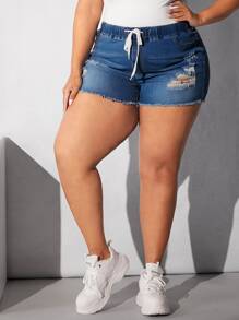 SHEIN CURVE+ Plus Drawstring Waist Ripped Raw Cut Denim Shorts - Dark Wash - View 5