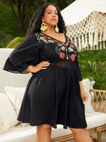 SHEIN CURVE+ Đầm Plus Size Tương phản ren Thêu Hoa Boho - màu đen - Xem 4