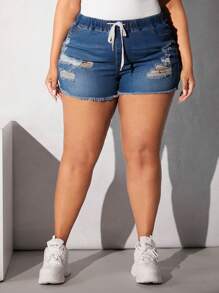 SHEIN CURVE+ Plus Drawstring Waist Ripped Raw Cut Denim Shorts - Dark Wash - View 6