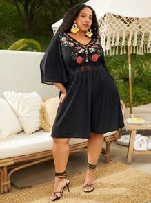 SHEIN CURVE+ Đầm Plus Size Tương phản ren Thêu Hoa Boho - màu đen - Xem 6