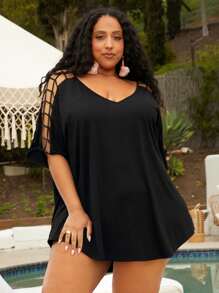 SHEIN CURVE+ Plus Cut Out Shoulder Tee - Black - View 1