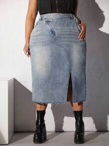 SHEIN CURVE+ Plus Split Hem Denim Skirt - Light Wash - View 6