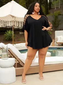 SHEIN CURVE+ Plus Cut Out Shoulder Tee - Black - View 5