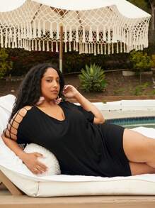 SHEIN CURVE+ Plus Cut Out Shoulder Tee - Black - View 2