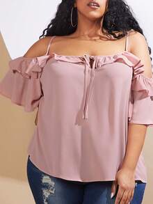 SHEIN CURVE+ Blusa de hombros descubiertos ribete con fruncido con nudo delantero - Rosa Pálido - Ver 5
