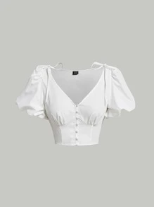 SHEIN MOD Puff Sleeve Button Front Crop Blouse - White - View 1