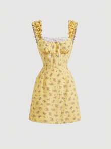 SHEIN MOD Ditsy Floral Print Ruched Bust Frill Trim Knot Front Dress - Yellow - View 1
