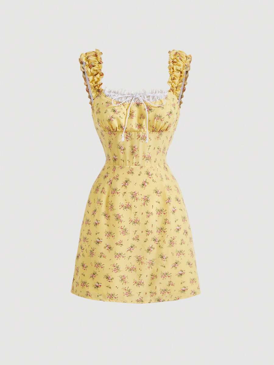 SHEIN MOD Ditsy Floral Print Ruched Bust Frill Trim Knot Front Dress - Yellow - View 1